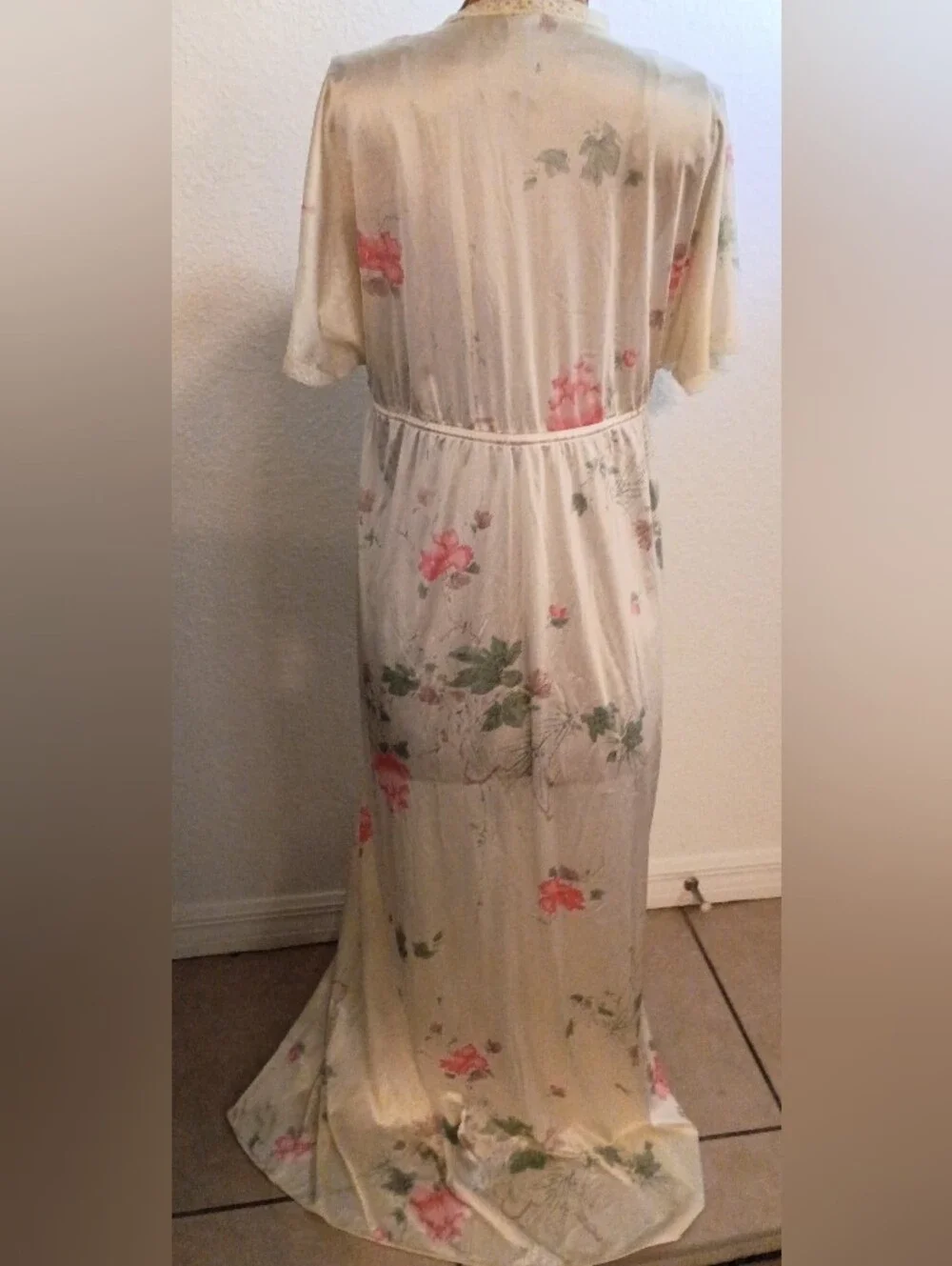 Vintage Floral Ivory & Pink Maxi Nightgown with Drawstring Waist